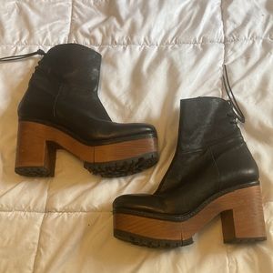 Free people black leather boot clogs wood heel with lug sole, Made in Spain,